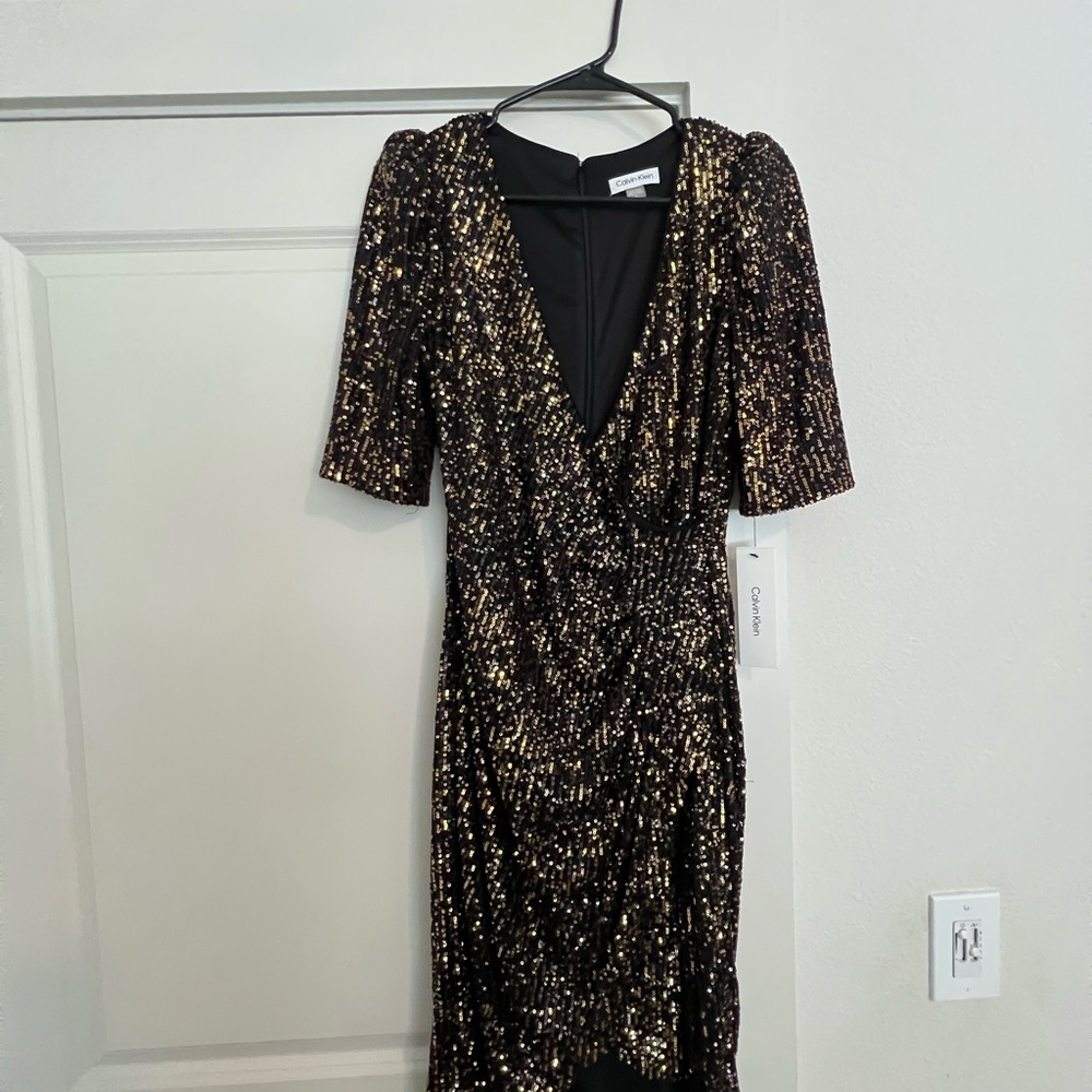 Calvin Klein Black and Gold Sequin Ruched Dress